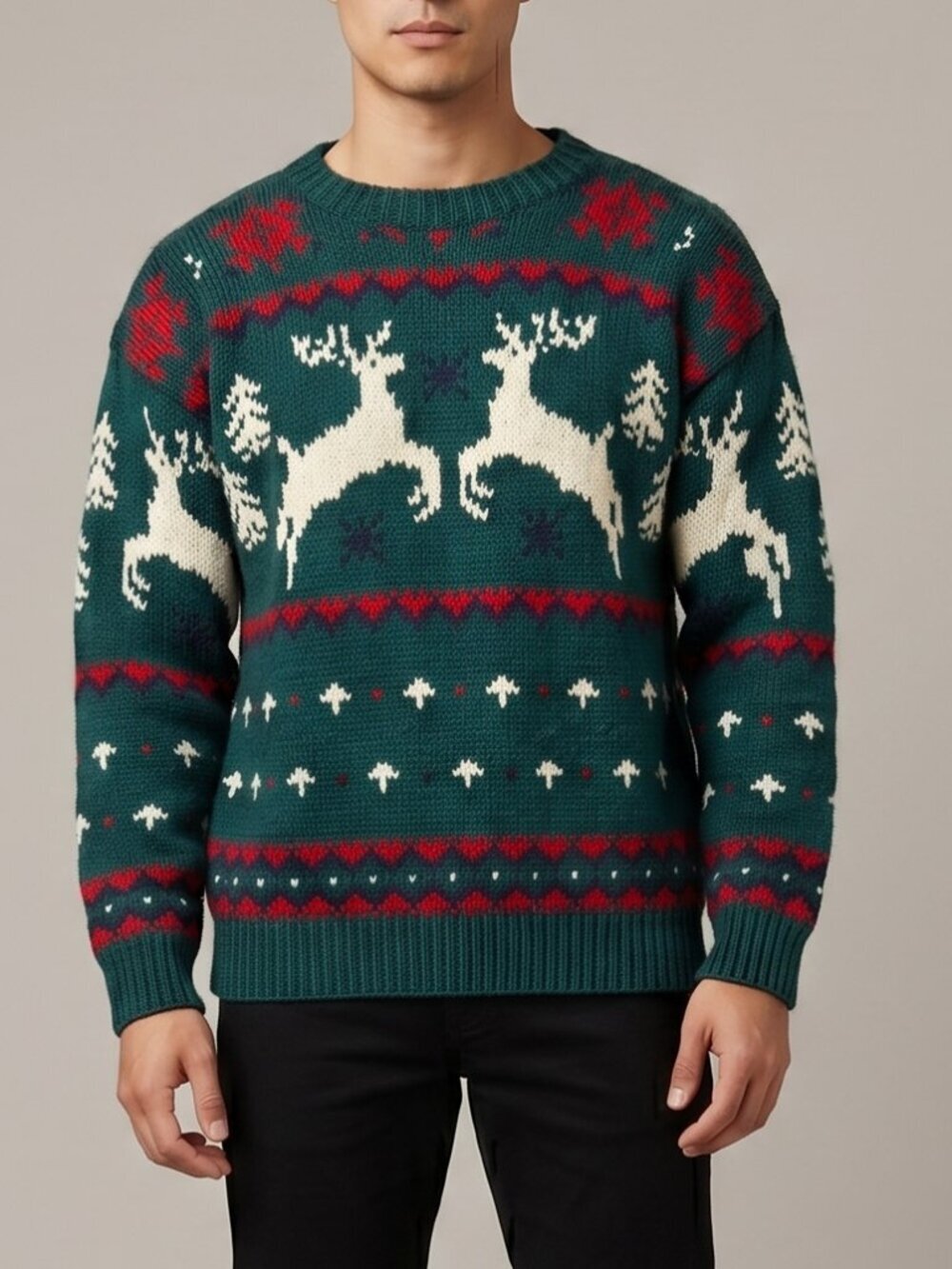 Vintage Eddie Bauer 100% Wool Reindeer Nordic Sweater Forest Green Christmas L
